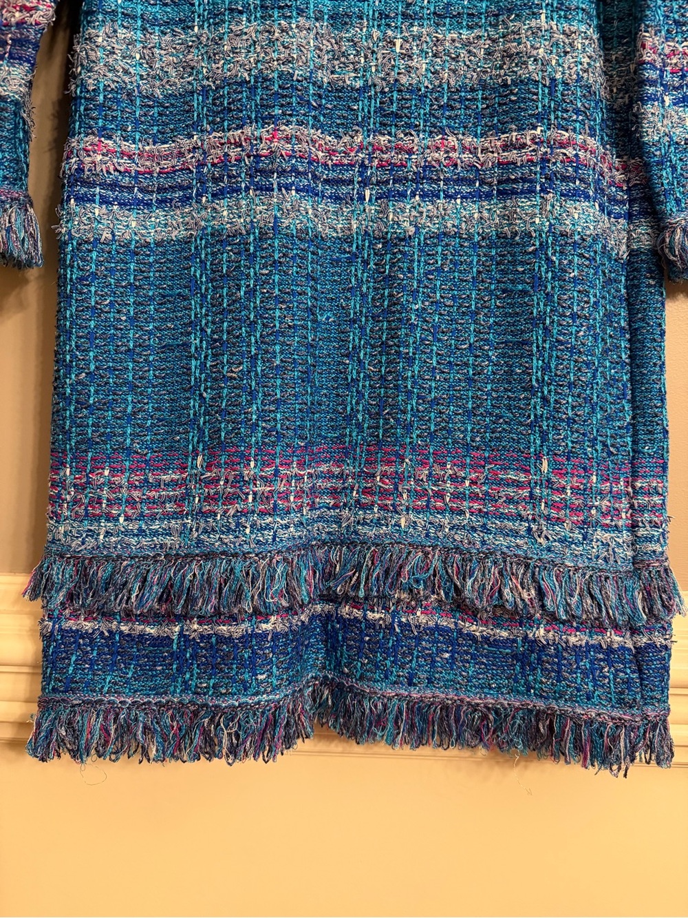 RARE NWT St. John Collection "Lagoon Multi" Tweed Fringe Cardigan Duster Coat - Picture 10 of 11